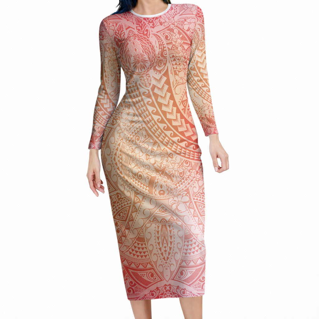 Hawaiian Turtles and Leis Long Sleeve Bodycon Dress Tribal Kakau Pattern Peach Fuzz Color LT03 Long Dress Peach Fuzz - Polynesian Pride