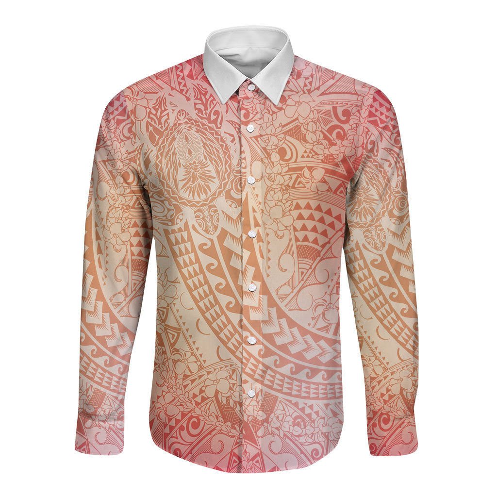 Hawaiian Turtles and Leis Long Sleeve Button Shirt Tribal Kakau Pattern Peach Fuzz Color LT03 Unisex Peach Fuzz - Polynesian Pride