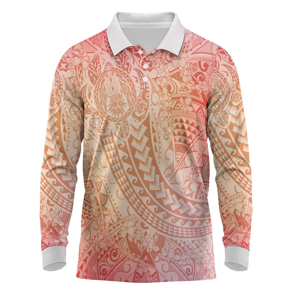 Hawaiian Turtles and Leis Long Sleeve Polo Shirt Tribal Kakau Pattern Peach Fuzz Color LT03 Peach Fuzz - Polynesian Pride