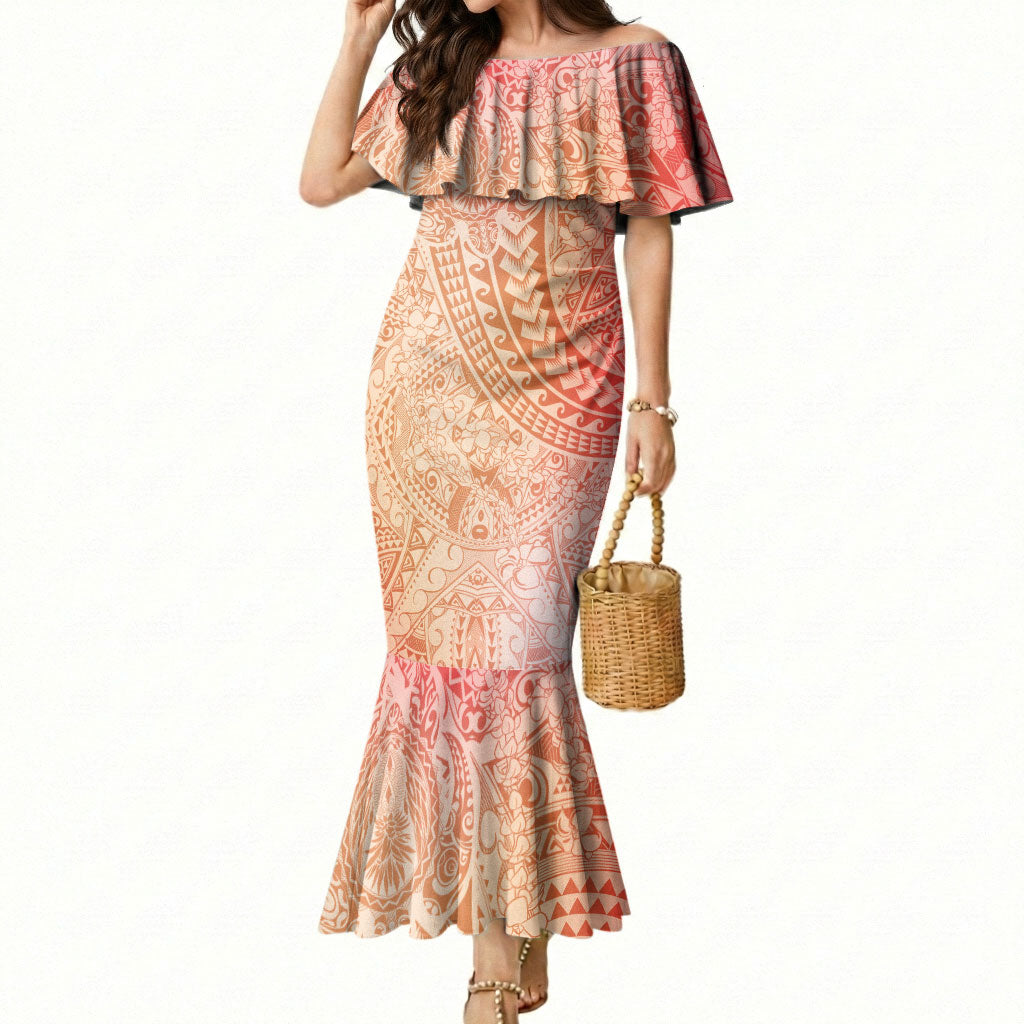 Hawaiian Turtles and Leis Mermaid Dress Tribal Kakau Pattern Peach Fuzz Color LT03 Women Peach Fuzz - Polynesian Pride