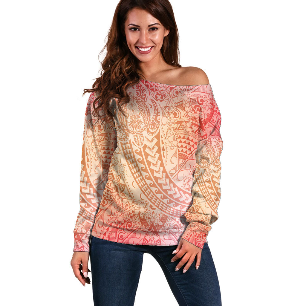 Hawaiian Turtles and Leis Off Shoulder Sweater Tribal Kakau Pattern Peach Fuzz Color LT03 Women Peach Fuzz - Polynesian Pride