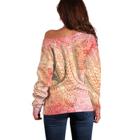 Hawaiian Turtles and Leis Off Shoulder Sweater Tribal Kakau Pattern Peach Fuzz Color
