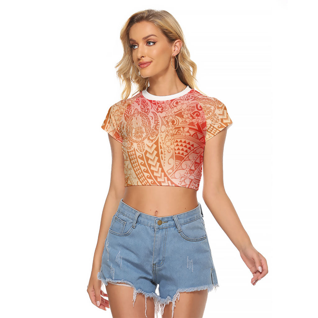 Hawaiian Turtles and Leis Raglan Cropped T Shirt Tribal Kakau Pattern Peach Fuzz Color LT03 Female Peach Fuzz - Polynesian Pride