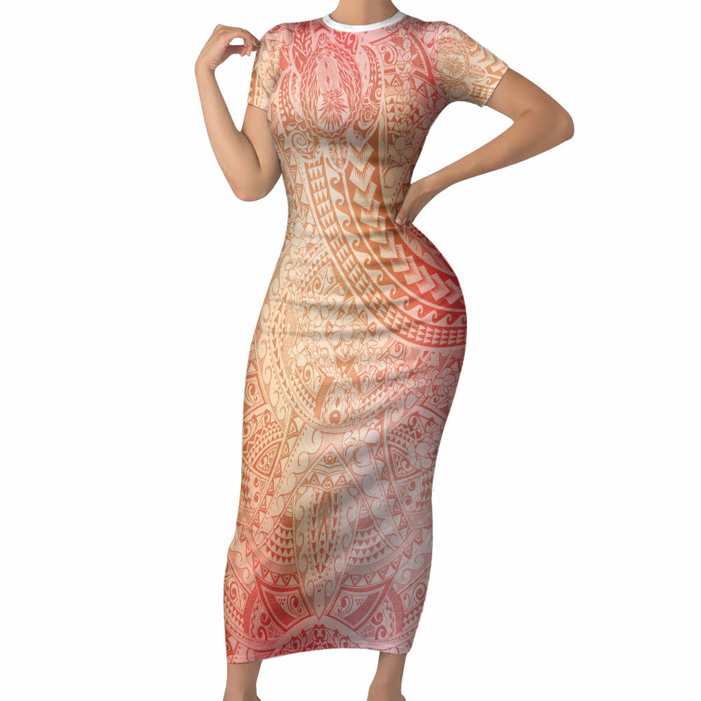 Hawaiian Turtles and Leis Short Sleeve Bodycon Dress Tribal Kakau Pattern Peach Fuzz Color LT03 Long Dress Peach Fuzz - Polynesian Pride