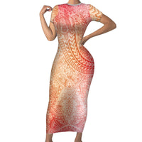 Hawaiian Turtles and Leis Short Sleeve Bodycon Dress Tribal Kakau Pattern Peach Fuzz Color