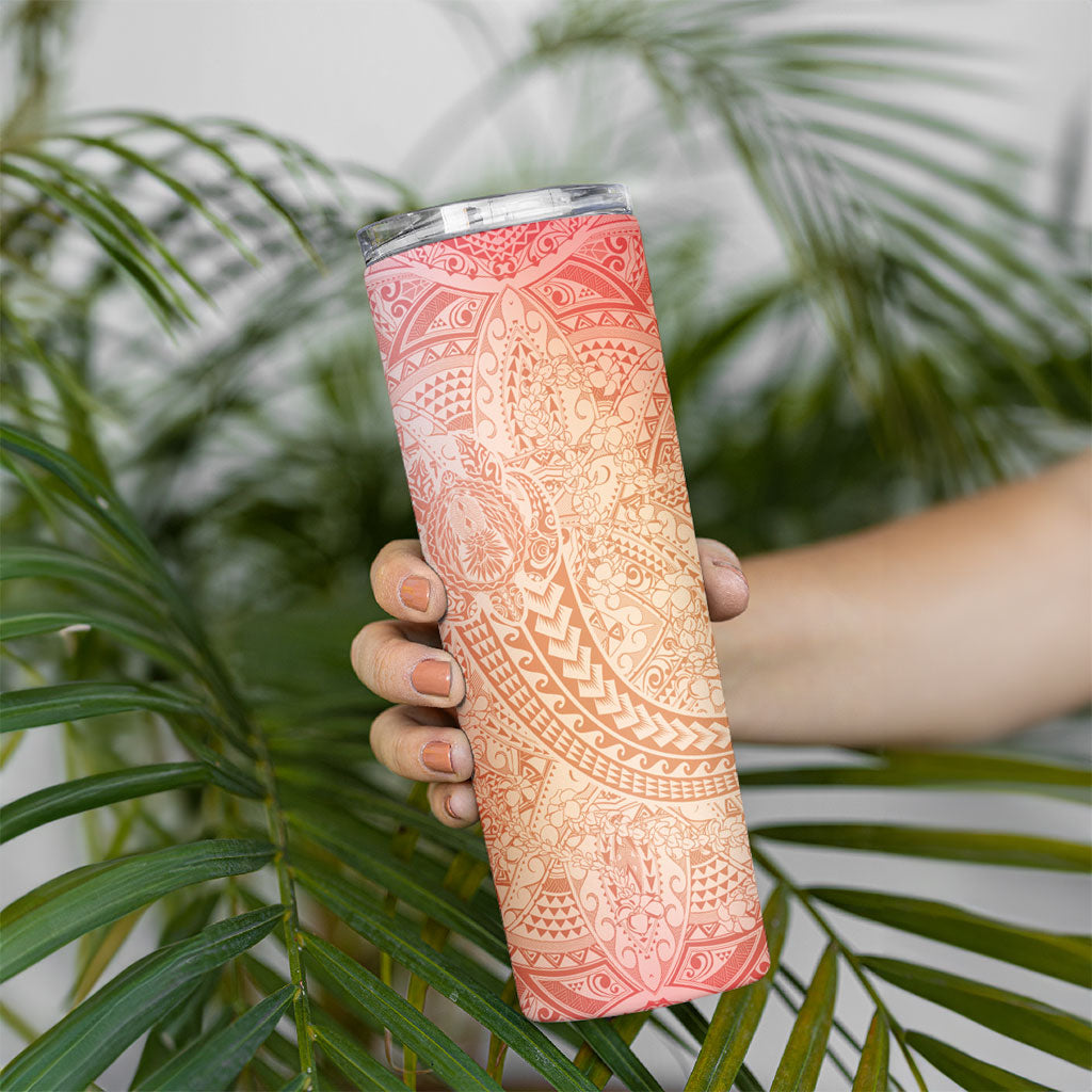 Hawaiian Turtles and Leis Skinny Tumbler Tribal Kakau Pattern Peach Fuzz Color