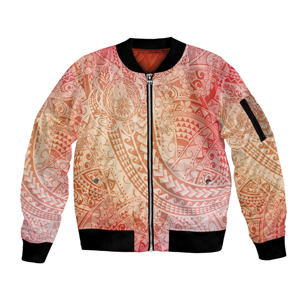 Hawaiian Turtles and Leis Sleeve Zip Bomber Jacket Tribal Kakau Pattern Peach Fuzz Color LT03 Unisex Peach Fuzz - Polynesian Pride