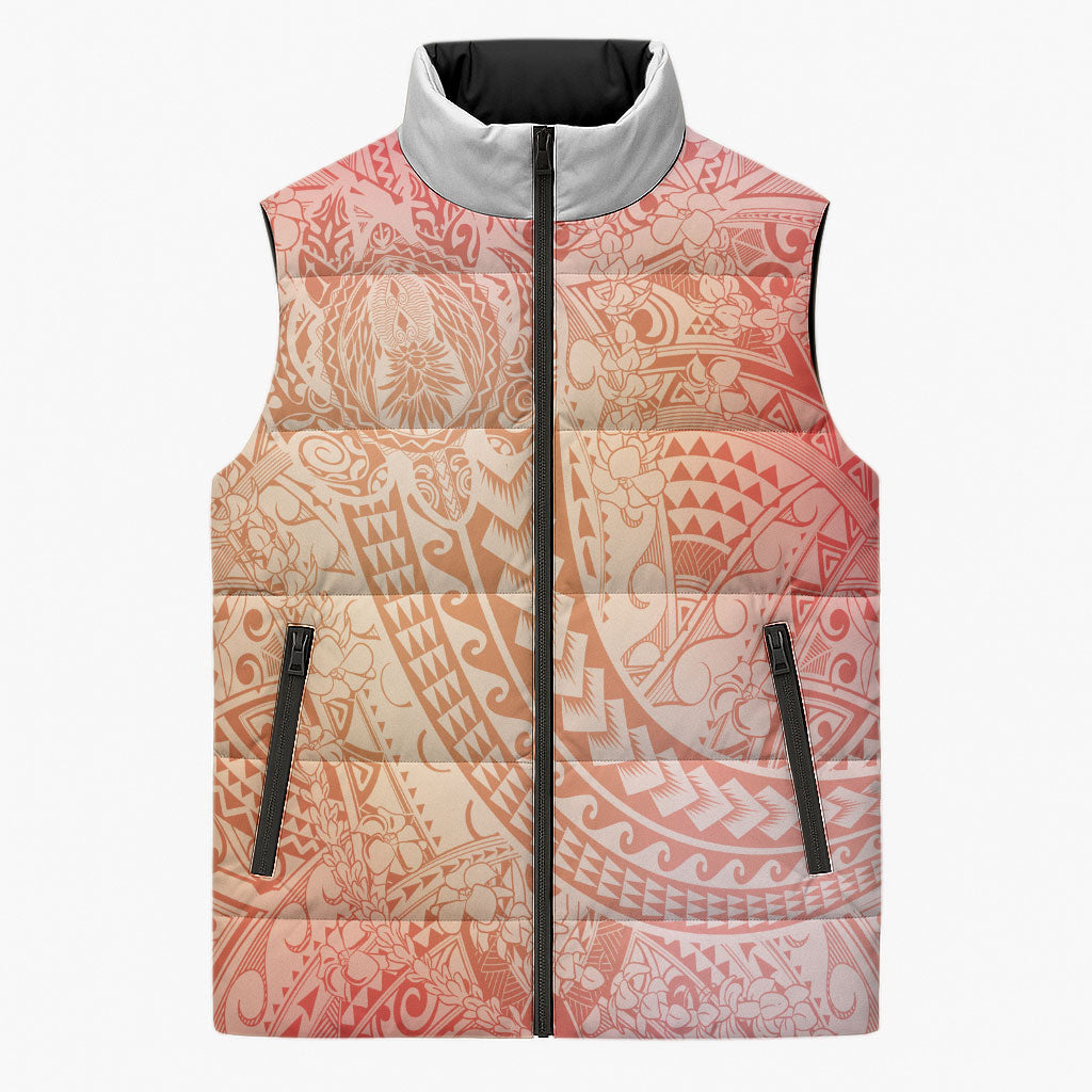 Hawaiian Turtles and Leis Sleeveless Puffer Jacket Tribal Kakau Pattern Peach Fuzz Color LT03 Unisex Peach Fuzz - Polynesian Pride