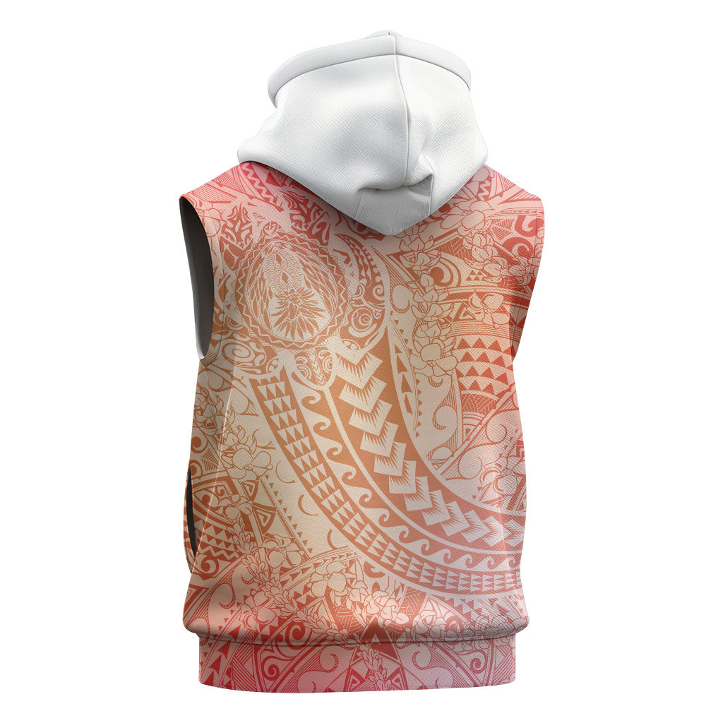 Hawaiian Turtles and Leis Sleeveless Zip Hoodie Tribal Kakau Pattern Peach Fuzz Color