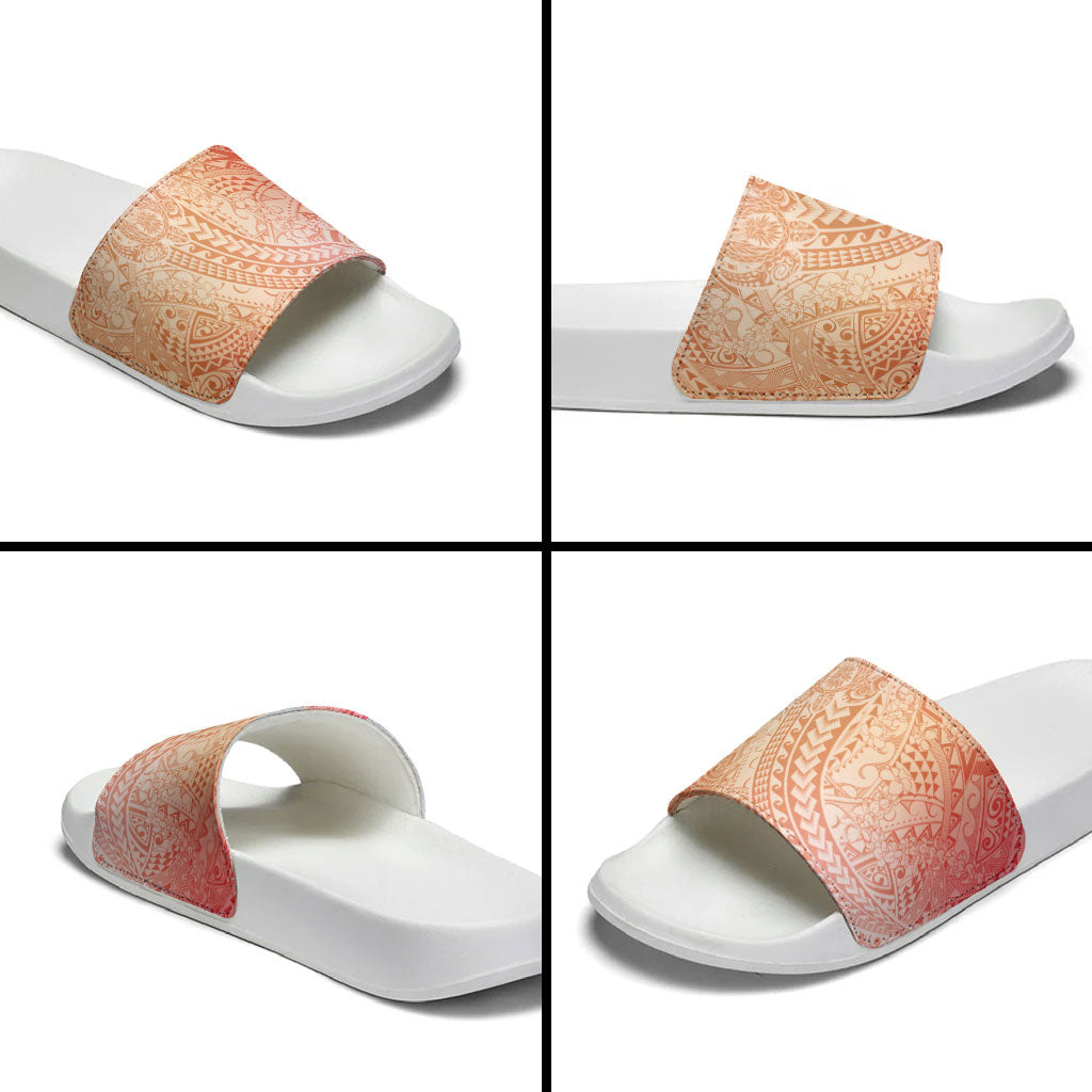 Hawaiian Turtles and Leis Slide Sandals Tribal Kakau Pattern Peach Fuzz Color