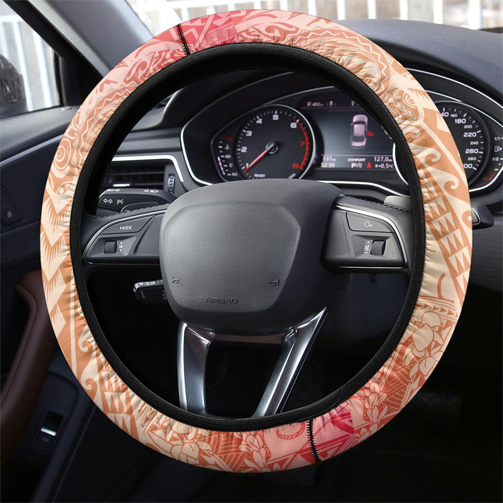 Hawaiian Turtles and Leis Steering Wheel Cover Tribal Kakau Pattern Peach Fuzz Color