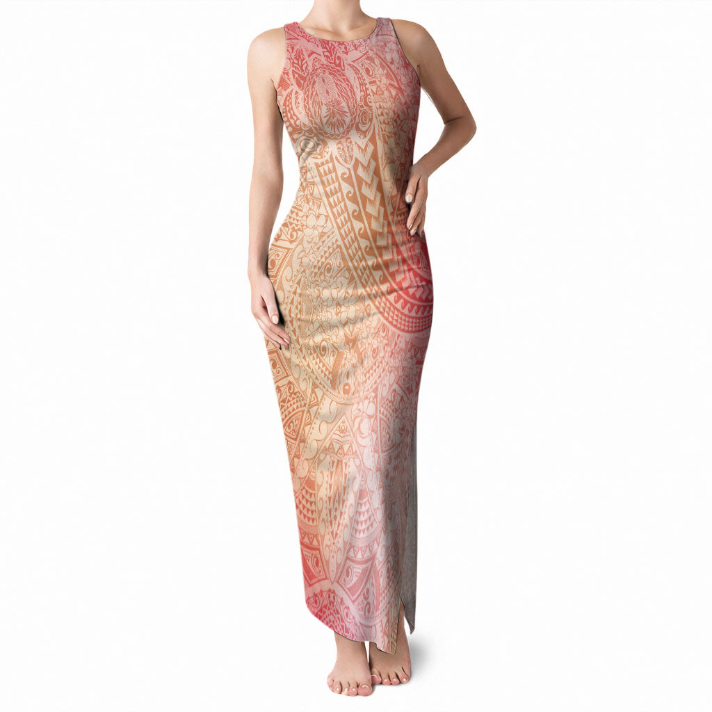 Hawaiian Turtles and Leis Tank Maxi Dress Tribal Kakau Pattern Peach Fuzz Color LT03 Women Peach Fuzz - Polynesian Pride