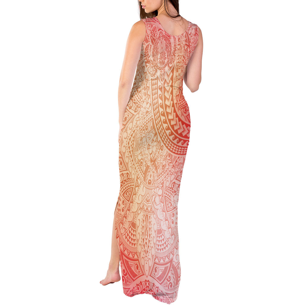 Hawaiian Turtles and Leis Tank Maxi Dress Tribal Kakau Pattern Peach Fuzz Color