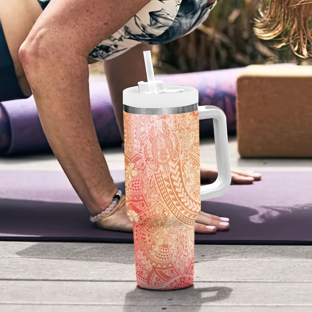 Hawaiian Turtles and Leis Tumbler With Handle Tribal Kakau Pattern Peach Fuzz Color