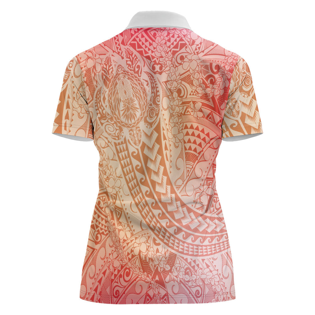 Hawaiian Turtles and Leis Women Polo Shirt Tribal Kakau Pattern Peach Fuzz Color