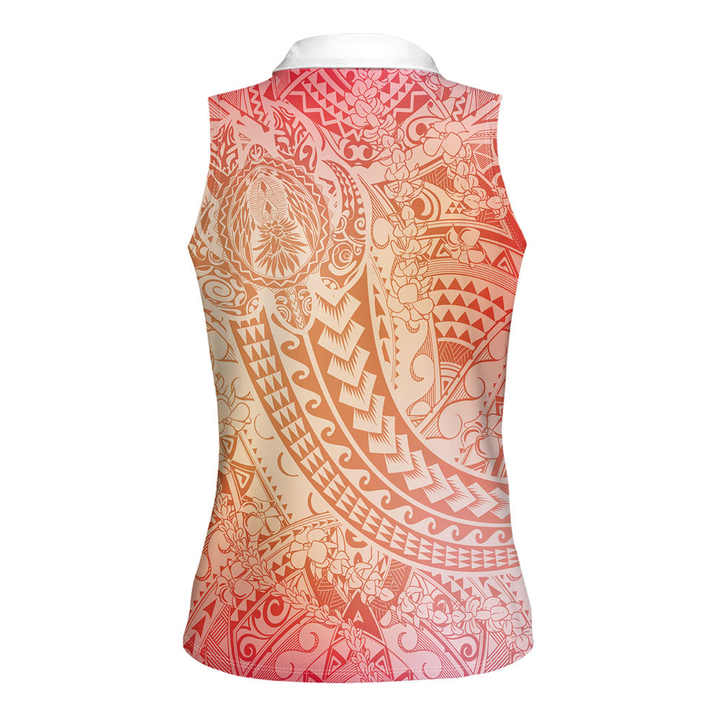 Hawaiian Turtles and Leis Women Sleeveless Polo Shirt Tribal Kakau Pattern Peach Fuzz Color