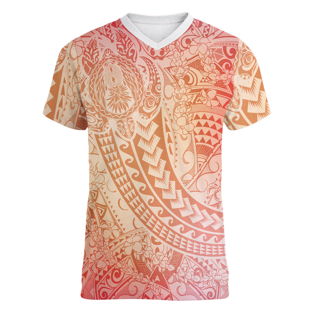 Hawaiian Turtles and Leis Women V-Neck T-Shirt Tribal Kakau Pattern Peach Fuzz Color LT03 Female Peach Fuzz - Polynesian Pride