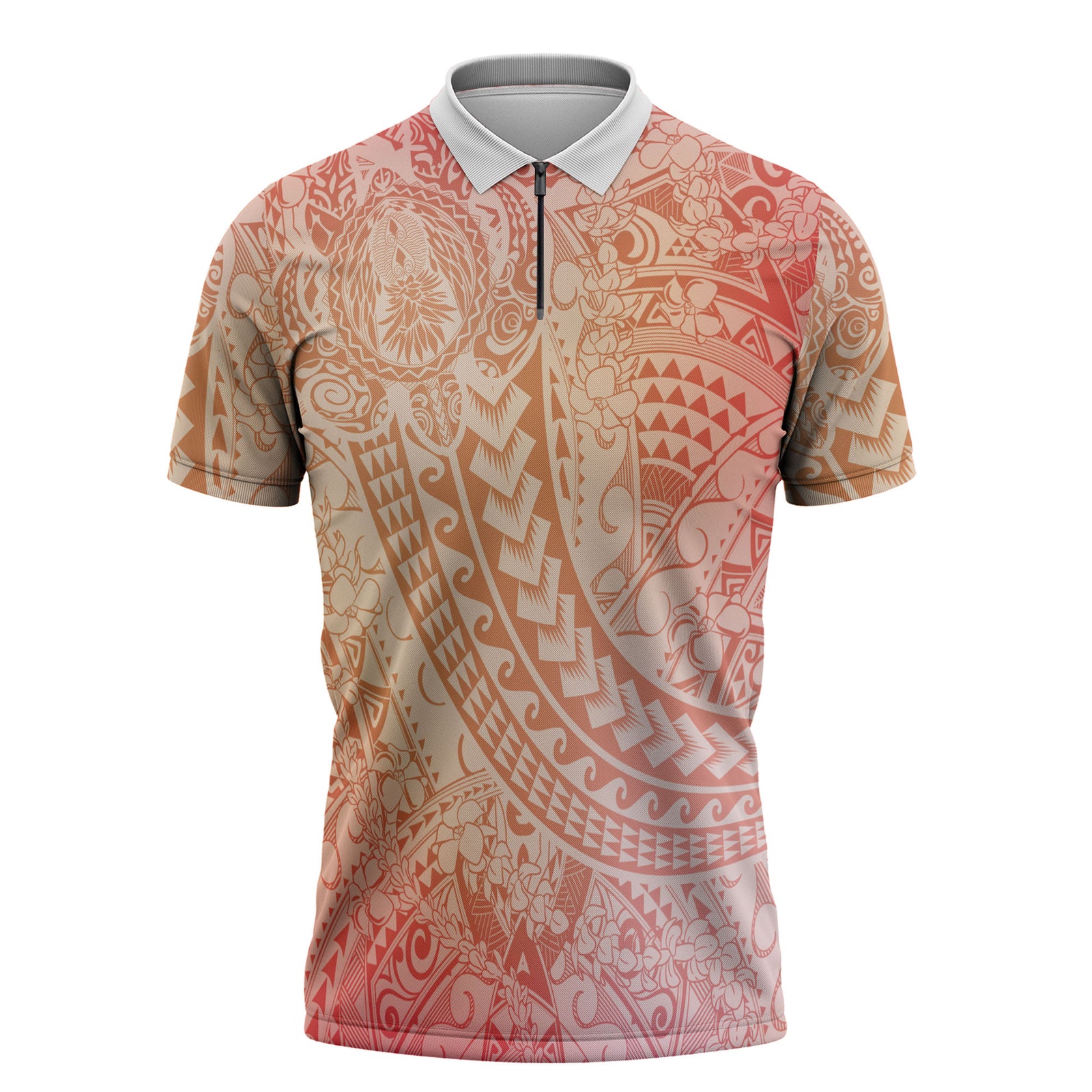 Hawaiian Turtles and Leis Zipper Polo Shirt Tribal Kakau Pattern Peach Fuzz Color LT03 Peach Fuzz - Polynesian Pride