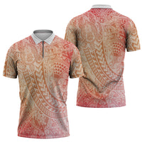 Hawaiian Turtles and Leis Zipper Polo Shirt Tribal Kakau Pattern Peach Fuzz Color