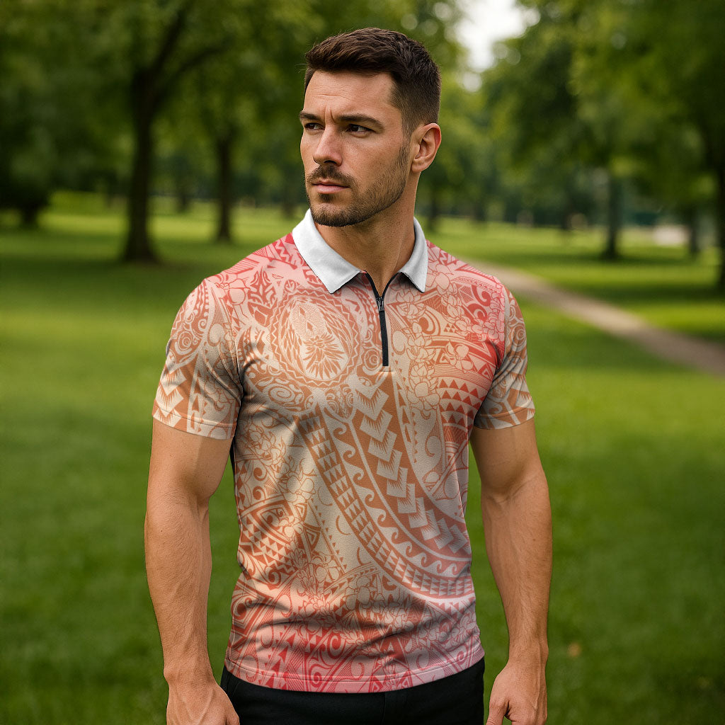 Hawaiian Turtles and Leis Zipper Polo Shirt Tribal Kakau Pattern Peach Fuzz Color