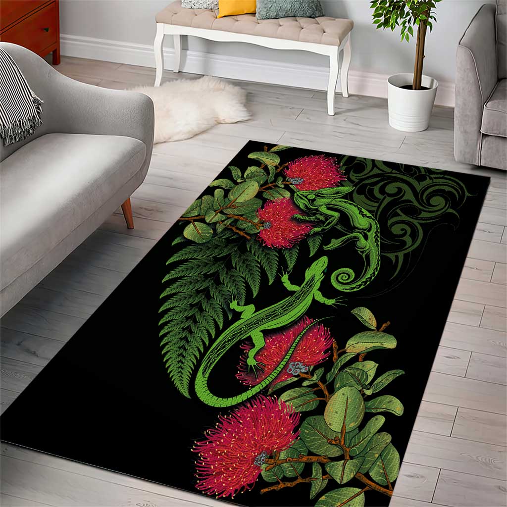 New Zealand Chameleon and Gecko Area Rug Maori Silver Fern and Pohutukawa Decoration LT03 - Polynesian Pride