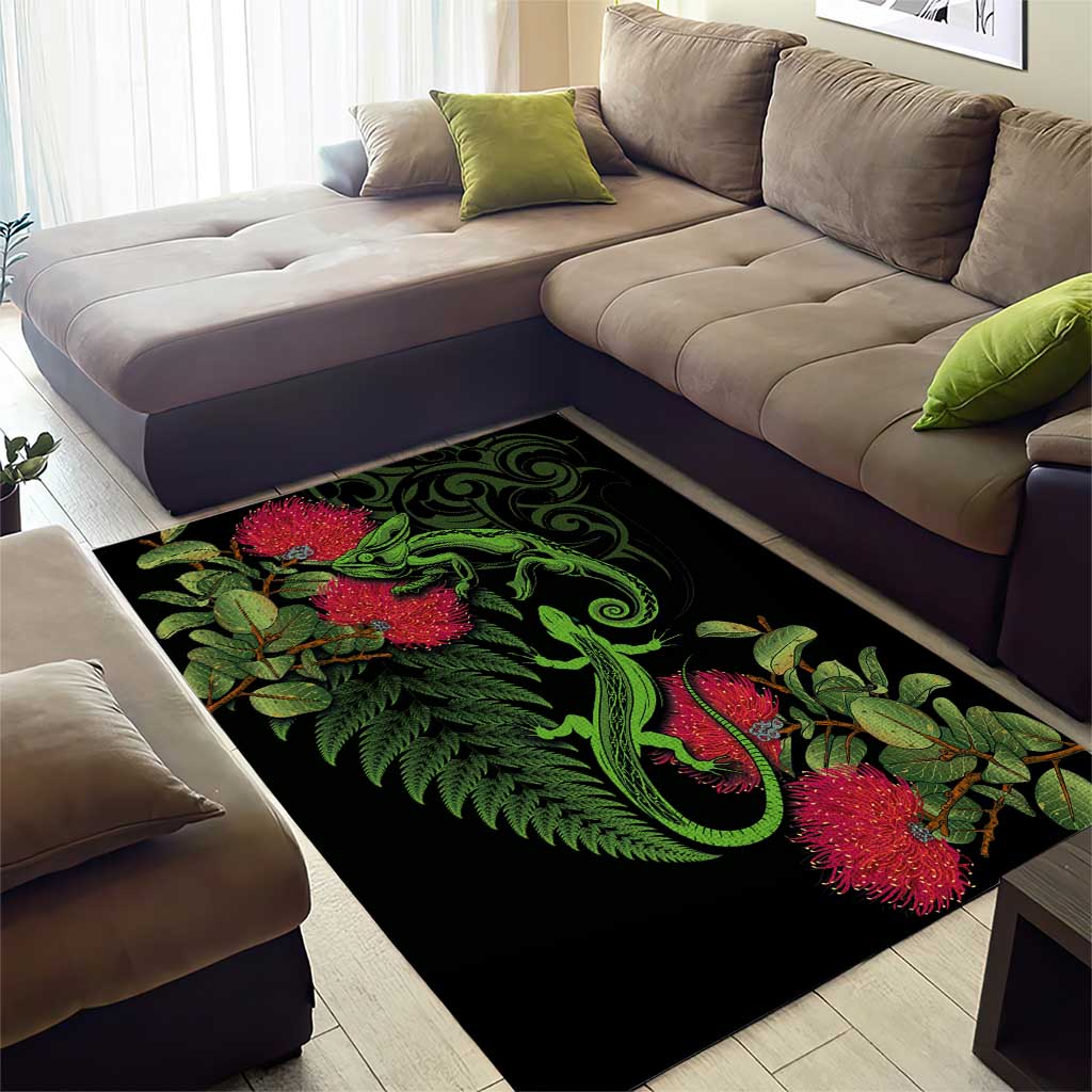 New Zealand Chameleon and Gecko Area Rug Maori Silver Fern and Pohutukawa Decoration LT03 - Polynesian Pride
