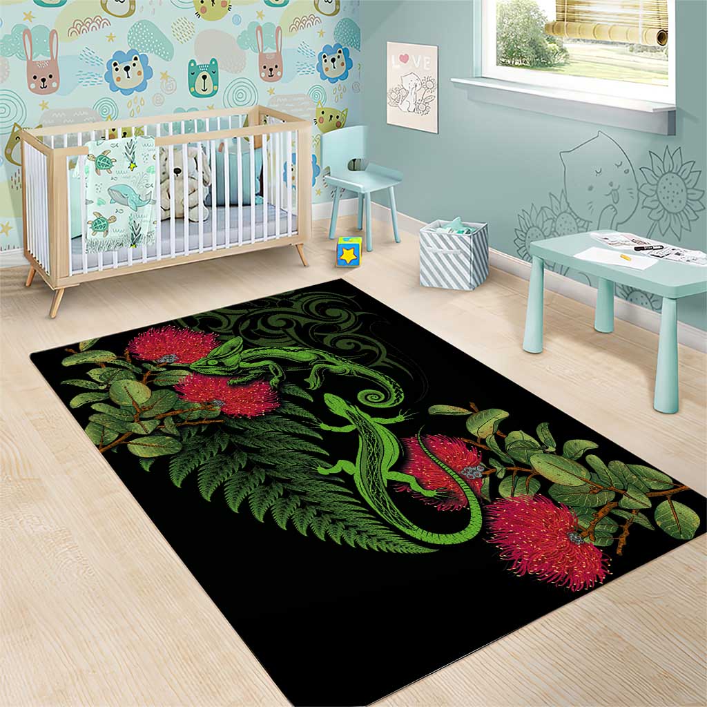 New Zealand Chameleon and Gecko Area Rug Maori Silver Fern and Pohutukawa Decoration LT03 - Polynesian Pride
