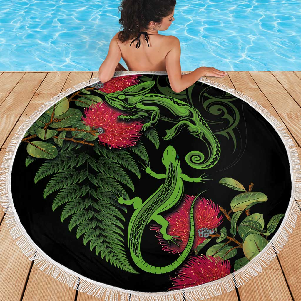 New Zealand Chameleon and Gecko Beach Blanket Maori Silver Fern and Pohutukawa Decoration LT03 - Polynesian Pride