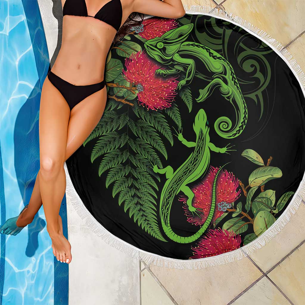New Zealand Chameleon and Gecko Beach Blanket Maori Silver Fern and Pohutukawa Decoration LT03 - Polynesian Pride