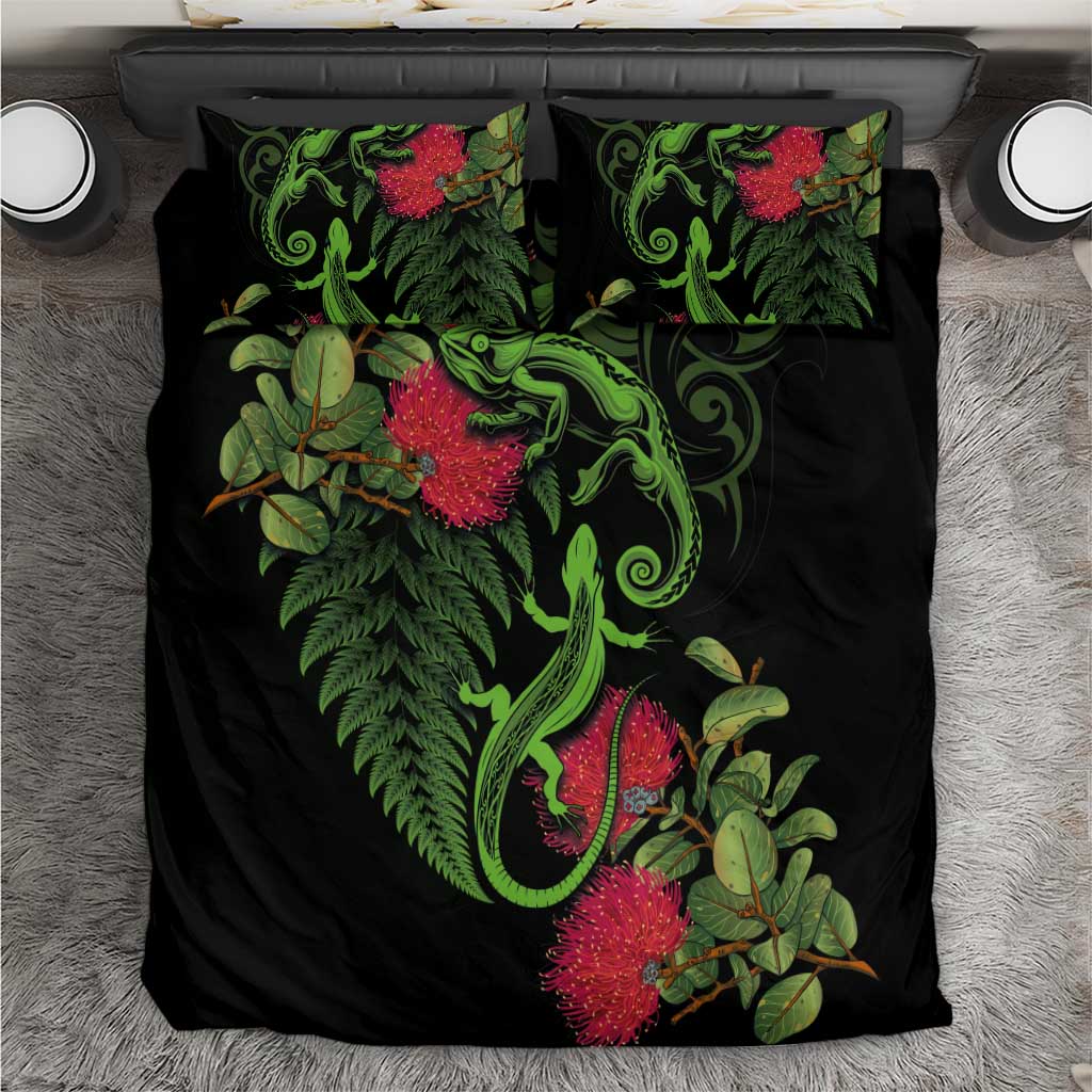New Zealand Chameleon and Gecko Bedding Set Maori Silver Fern and Pohutukawa Decoration LT03 Green - Polynesian Pride