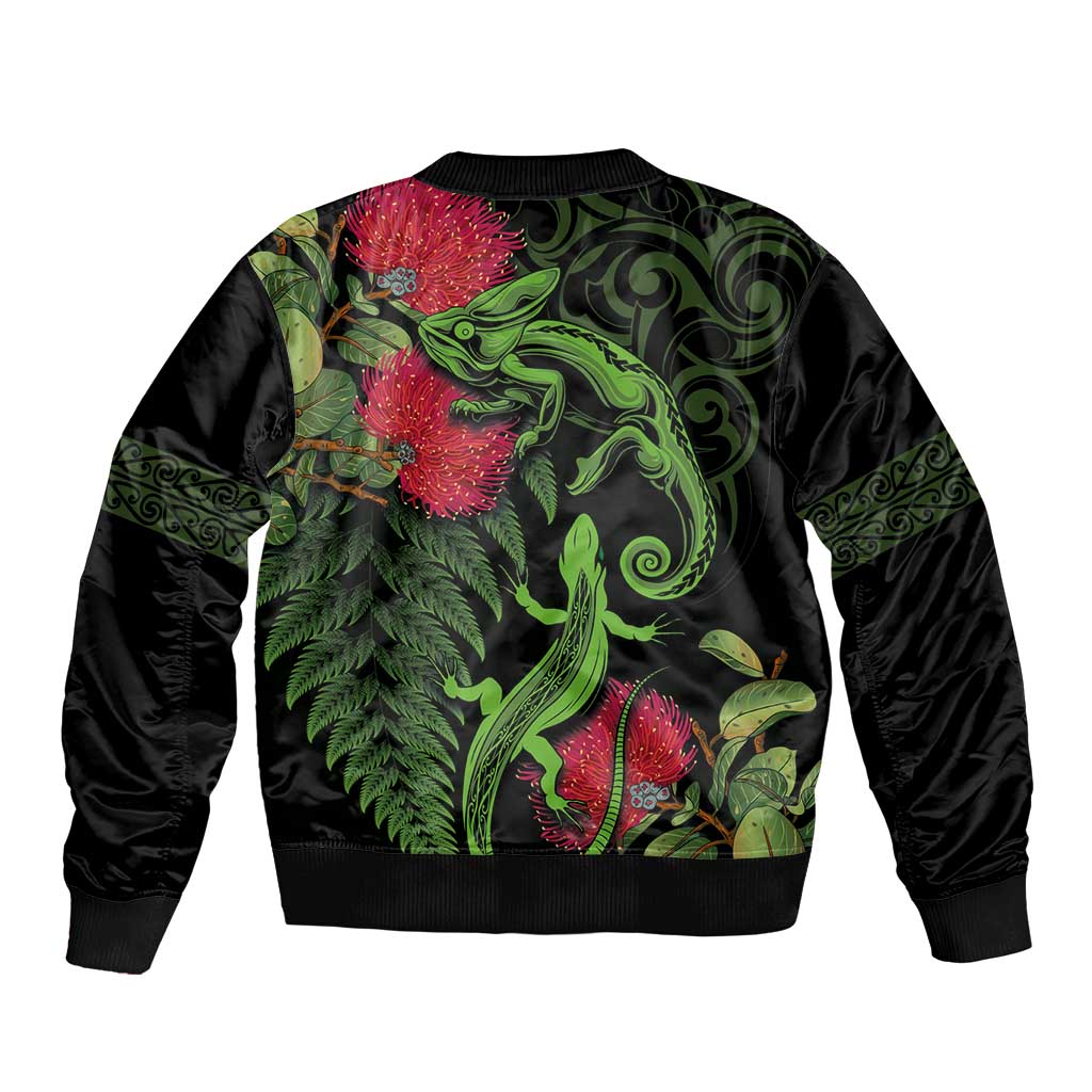 New Zealand Chameleon and Gecko Bomber Jacket Maori Silver Fern and Pohutukawa Decoration LT03 - Polynesian Pride