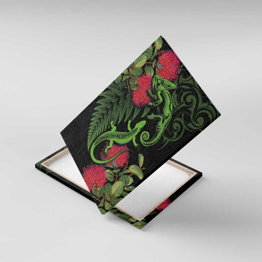 New Zealand Chameleon and Gecko Canvas Wall Art Maori Silver Fern and Pohutukawa Decoration LT03 With Frame Green - Polynesian Pride