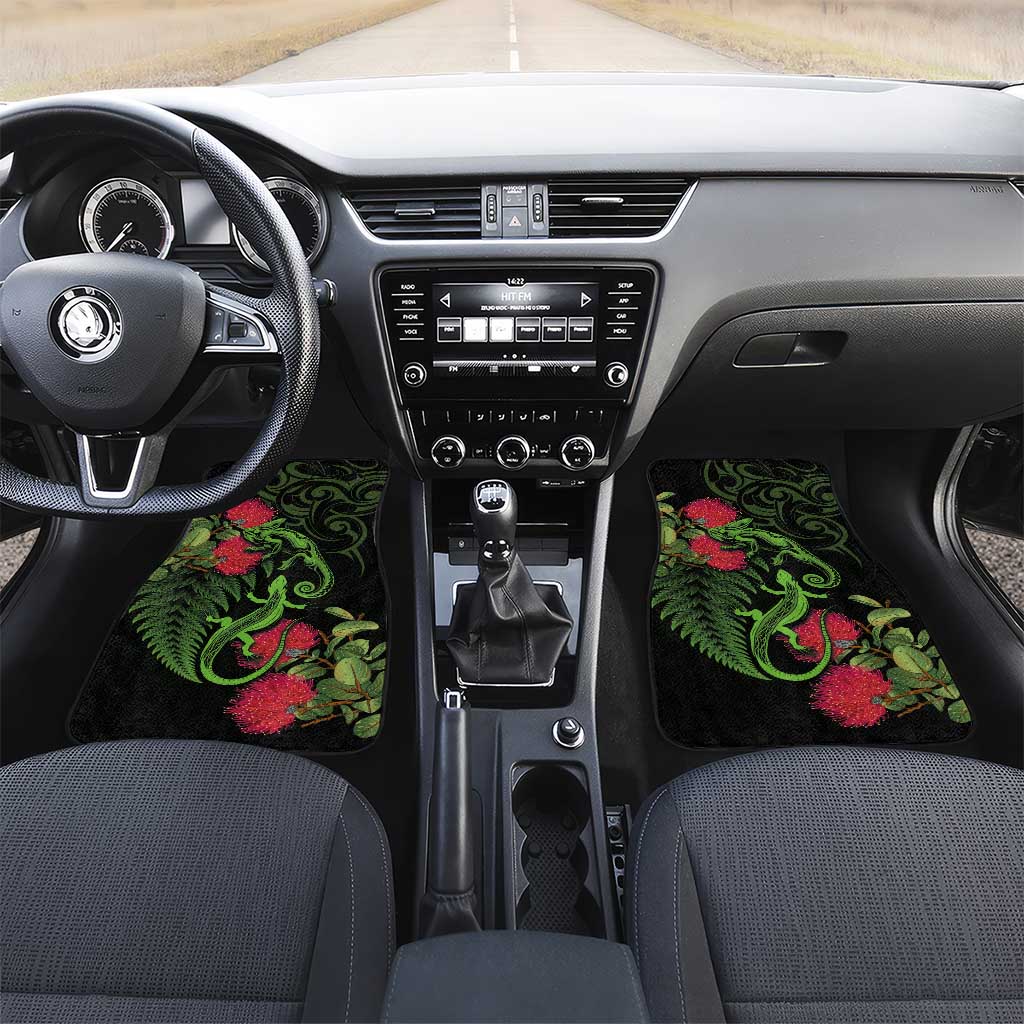New Zealand Chameleon and Gecko Car Mats Maori Silver Fern and Pohutukawa Decoration LT03 Set 2pcs - Front Green - Polynesian Pride