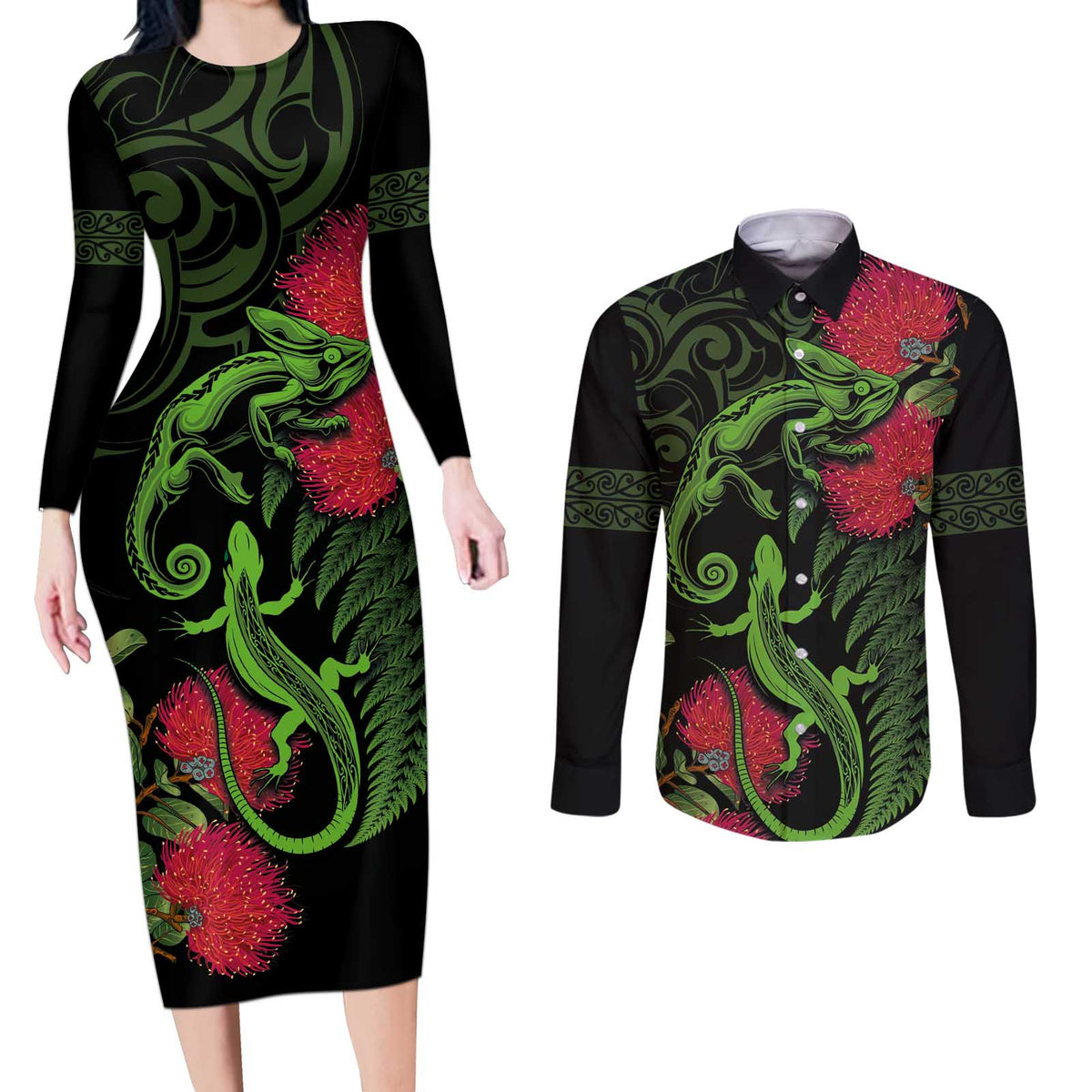 New Zealand Chameleon and Gecko Couples Matching Long Sleeve Bodycon Dress and Long Sleeve Button Shirt Maori Silver Fern and Pohutukawa Decoration LT03 Green - Polynesian Pride