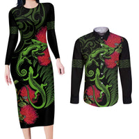 New Zealand Chameleon and Gecko Couples Matching Long Sleeve Bodycon Dress and Long Sleeve Button Shirt Maori Silver Fern and Pohutukawa Decoration LT03 Green - Polynesian Pride