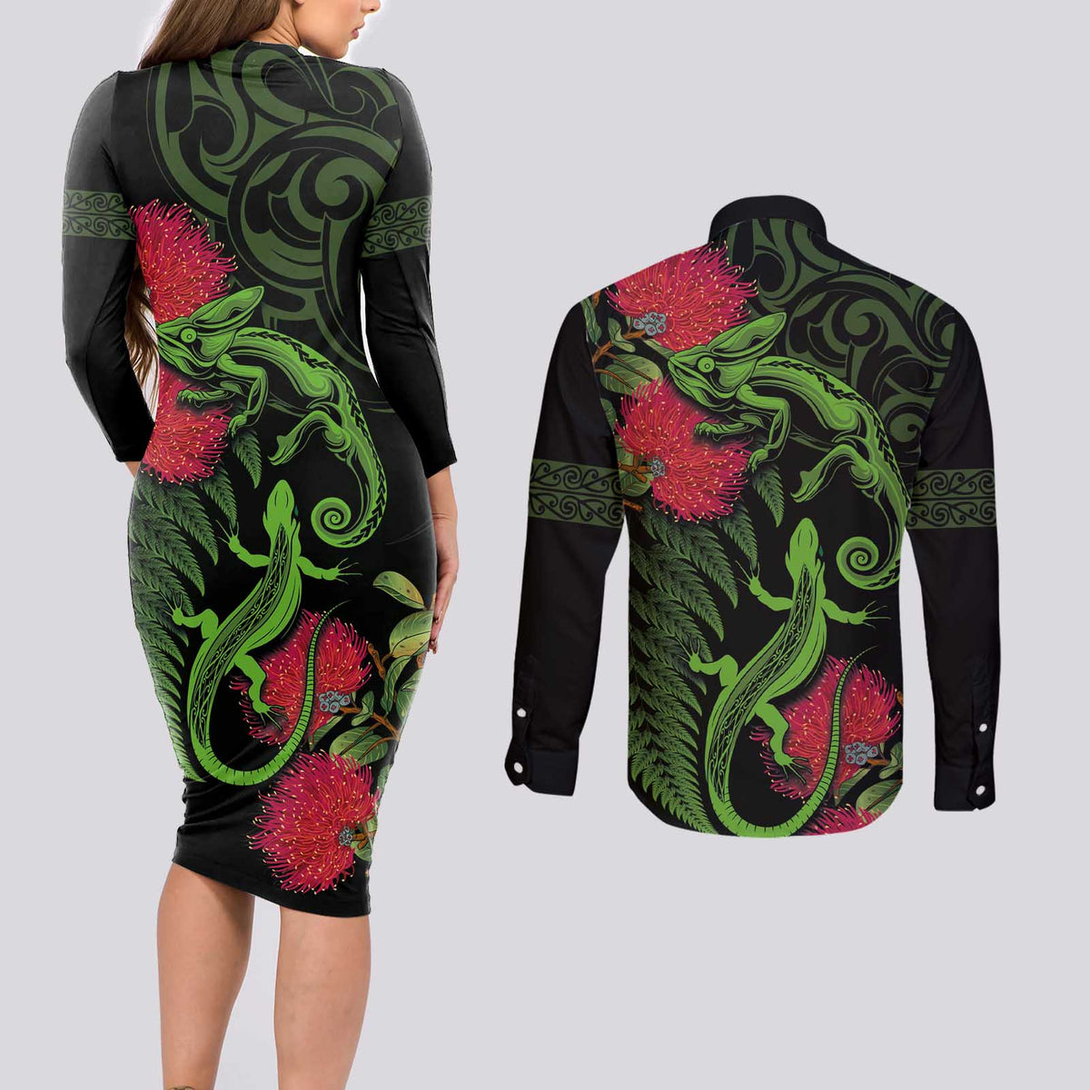New Zealand Chameleon and Gecko Couples Matching Long Sleeve Bodycon Dress and Long Sleeve Button Shirt Maori Silver Fern and Pohutukawa Decoration LT03 - Polynesian Pride