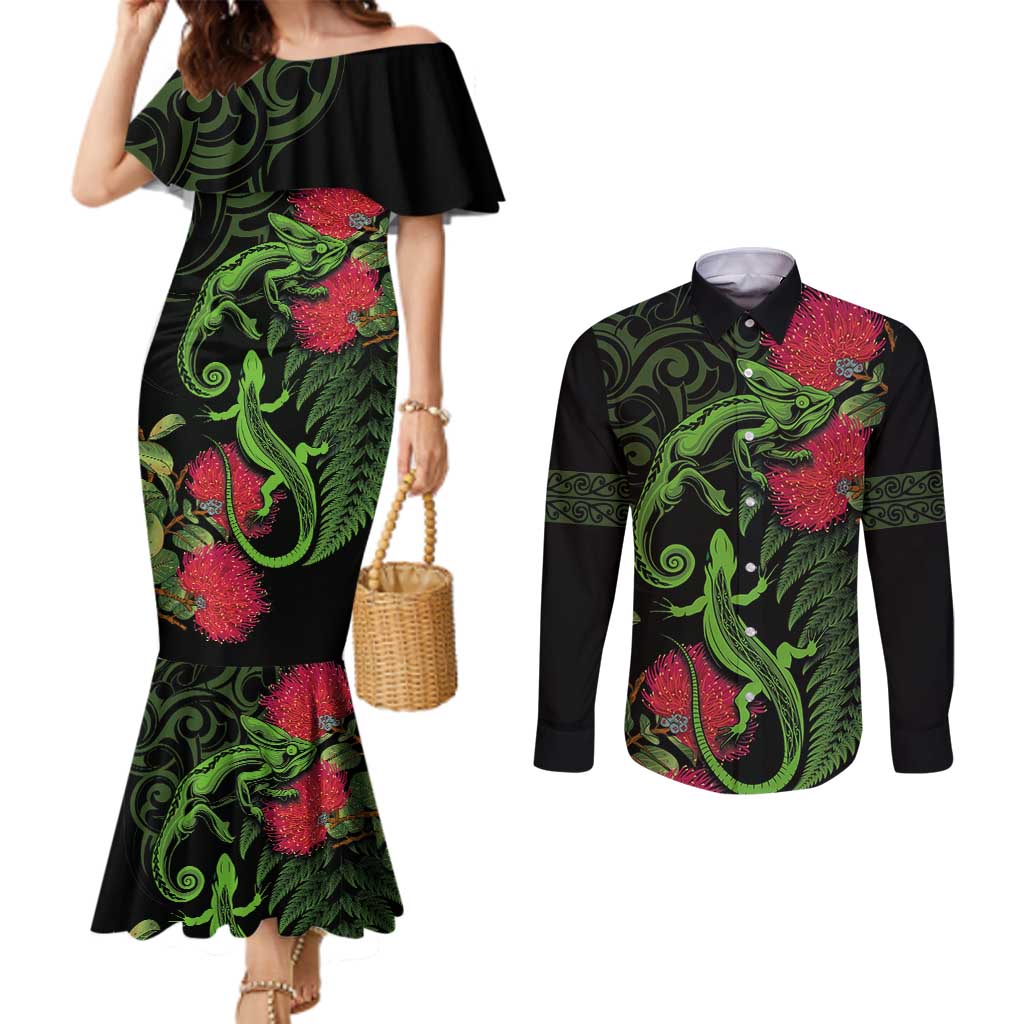 New Zealand Chameleon and Gecko Couples Matching Mermaid Dress and Long Sleeve Button Shirt Maori Silver Fern and Pohutukawa Decoration LT03 Green - Polynesian Pride