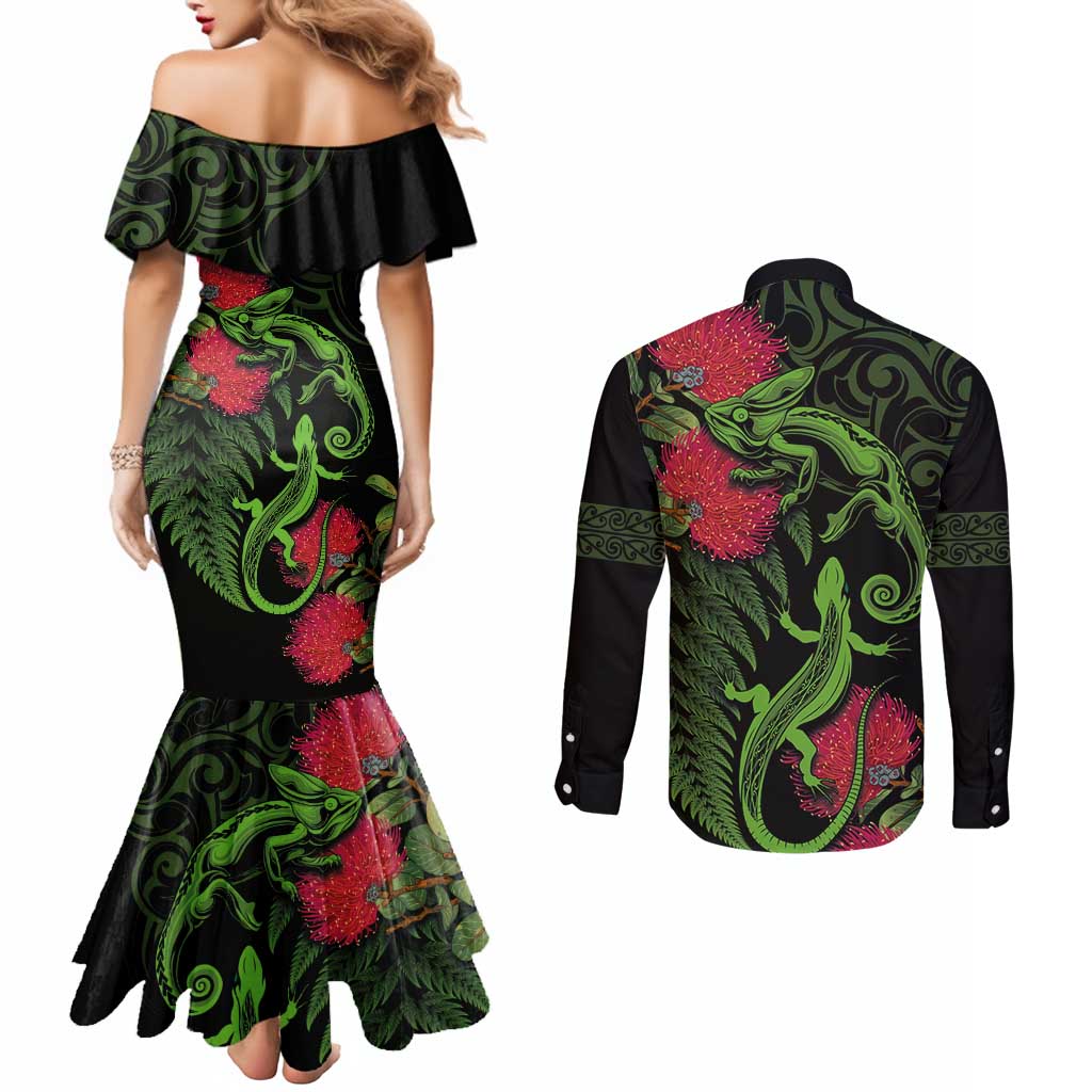 New Zealand Chameleon and Gecko Couples Matching Mermaid Dress and Long Sleeve Button Shirt Maori Silver Fern and Pohutukawa Decoration LT03 - Polynesian Pride