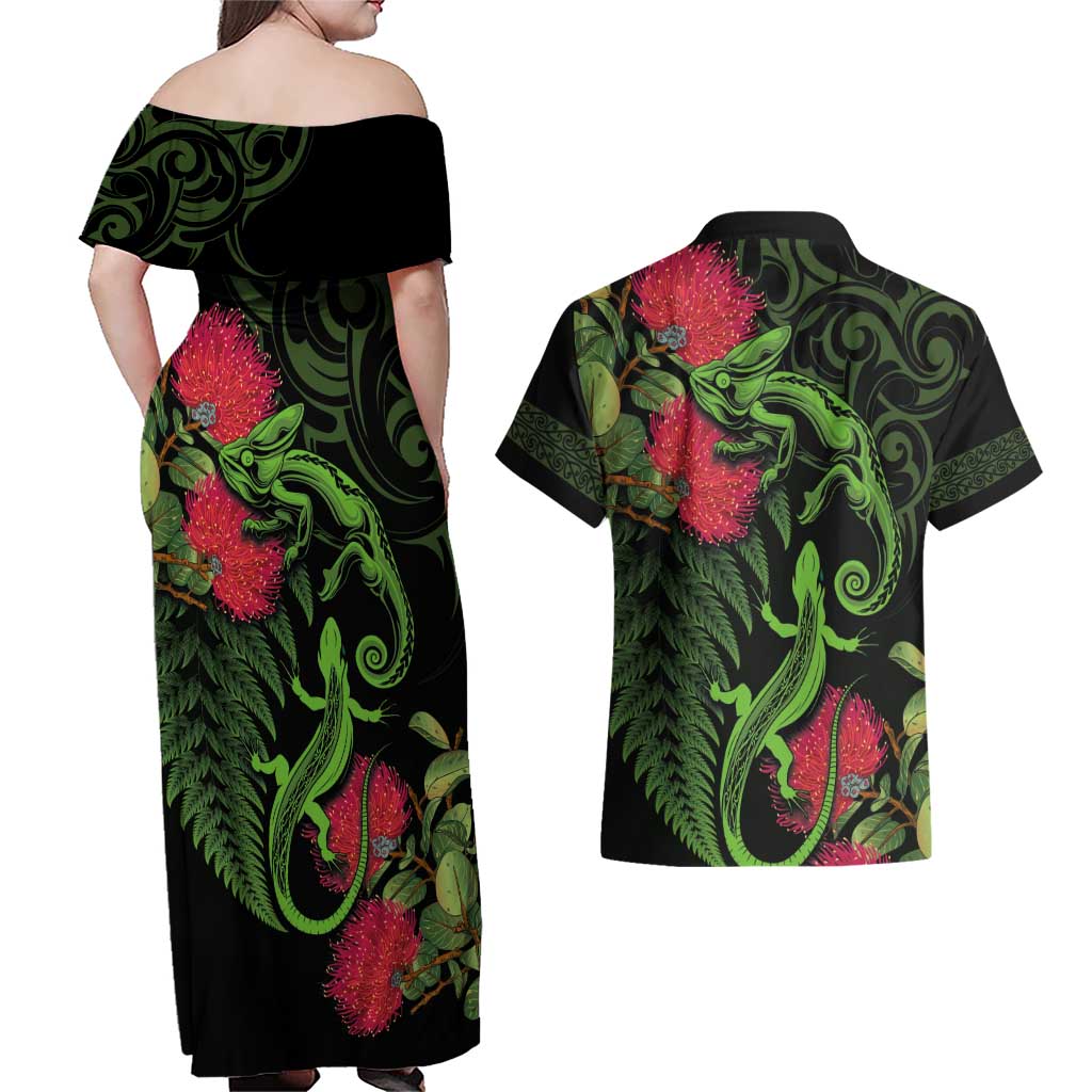 New Zealand Chameleon and Gecko Couples Matching Off Shoulder Maxi Dress and Hawaiian Shirt Maori Silver Fern and Pohutukawa Decoration LT03 - Polynesian Pride