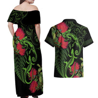 New Zealand Chameleon and Gecko Couples Matching Off Shoulder Maxi Dress and Hawaiian Shirt Maori Silver Fern and Pohutukawa Decoration LT03 - Polynesian Pride