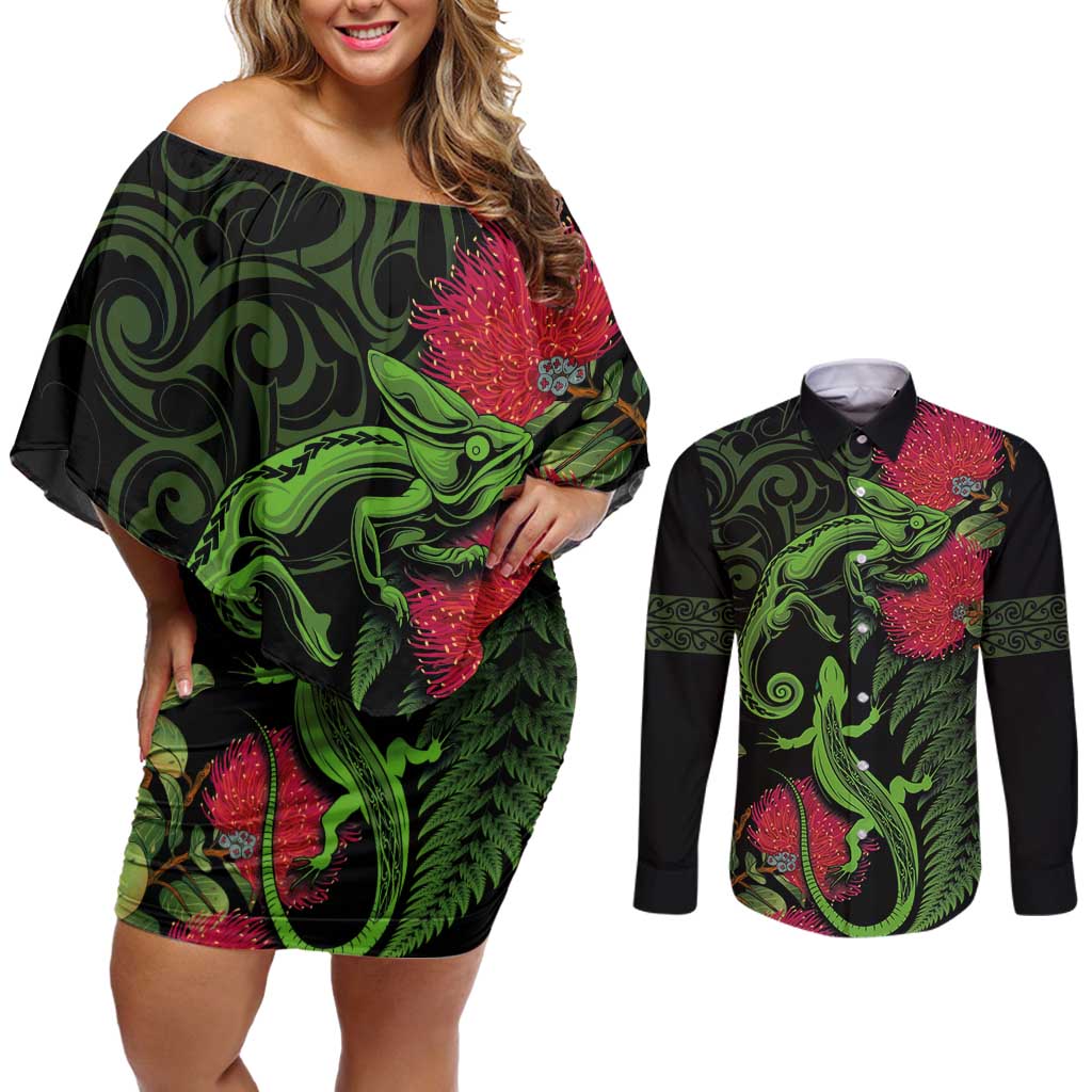 New Zealand Chameleon and Gecko Couples Matching Off Shoulder Short Dress and Long Sleeve Button Shirt Maori Silver Fern and Pohutukawa Decoration LT03 Green - Polynesian Pride