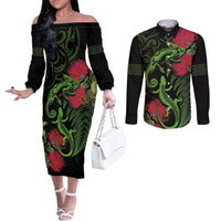 New Zealand Chameleon and Gecko Couples Matching Off The Shoulder Long Sleeve Dress and Long Sleeve Button Shirt Maori Silver Fern and Pohutukawa Decoration LT03 Green - Polynesian Pride