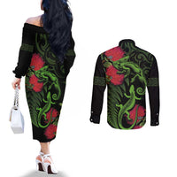 New Zealand Chameleon and Gecko Couples Matching Off The Shoulder Long Sleeve Dress and Long Sleeve Button Shirt Maori Silver Fern and Pohutukawa Decoration LT03 - Polynesian Pride