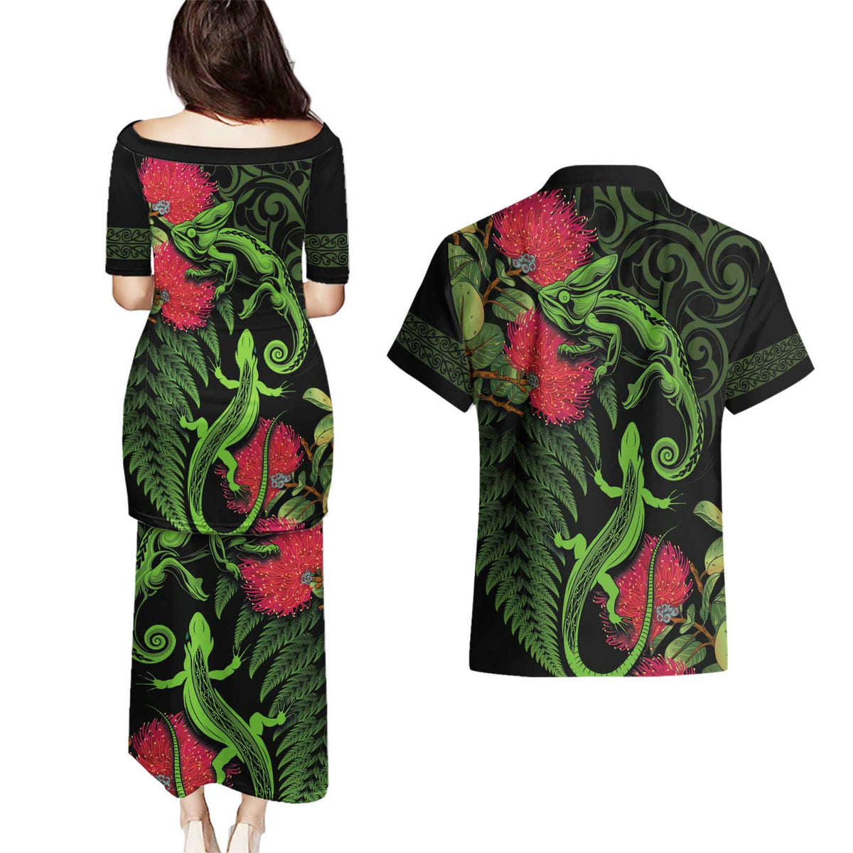 New Zealand Chameleon and Gecko Couples Matching Puletasi and Hawaiian Shirt Maori Silver Fern and Pohutukawa Decoration LT03 - Polynesian Pride