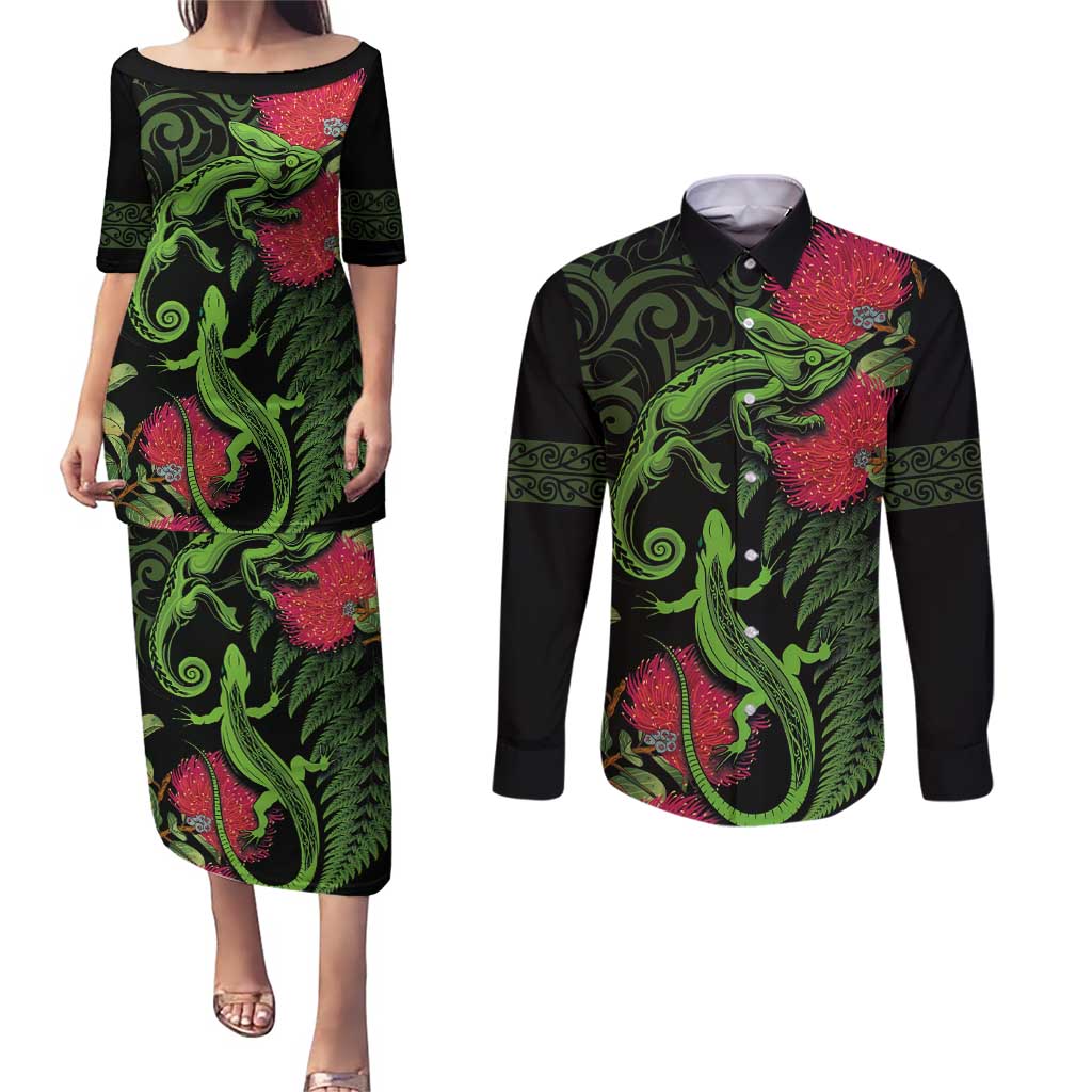 New Zealand Chameleon and Gecko Couples Matching Puletasi and Long Sleeve Button Shirt Maori Silver Fern and Pohutukawa Decoration LT03 Green - Polynesian Pride