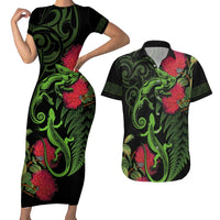 New Zealand Chameleon and Gecko Couples Matching Short Sleeve Bodycon Dress and Hawaiian Shirt Maori Silver Fern and Pohutukawa Decoration LT03 Green - Polynesian Pride