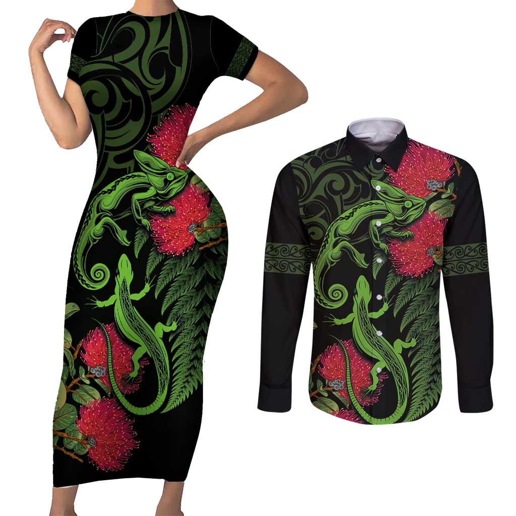 New Zealand Chameleon and Gecko Couples Matching Short Sleeve Bodycon Dress and Long Sleeve Button Shirt Maori Silver Fern and Pohutukawa Decoration LT03 Green - Polynesian Pride