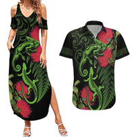 New Zealand Chameleon and Gecko Couples Matching Summer Maxi Dress and Hawaiian Shirt Maori Silver Fern and Pohutukawa Decoration LT03 Green - Polynesian Pride
