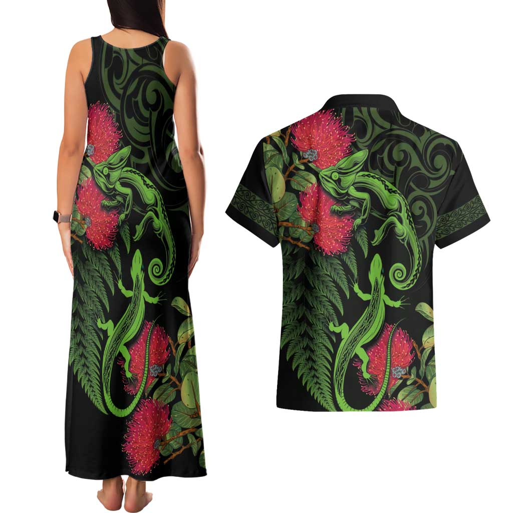 New Zealand Chameleon and Gecko Couples Matching Tank Maxi Dress and Hawaiian Shirt Maori Silver Fern and Pohutukawa Decoration LT03 - Polynesian Pride