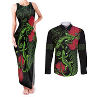New Zealand Chameleon and Gecko Couples Matching Tank Maxi Dress and Long Sleeve Button Shirt Maori Silver Fern and Pohutukawa Decoration LT03 Green - Polynesian Pride